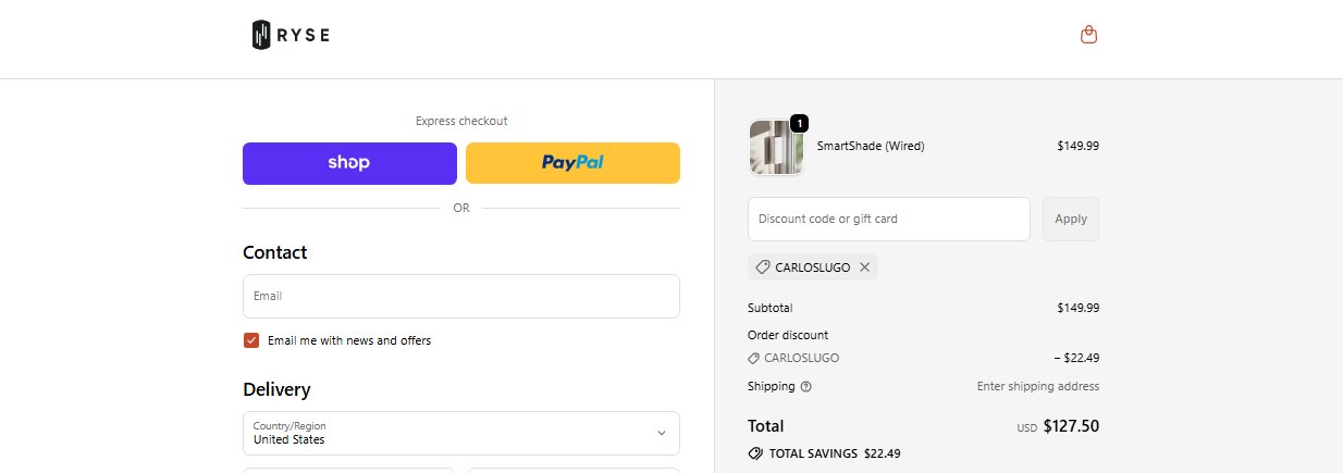 helloryse.com checkout showing promo code CARLOSLUGO applied for 15% off on RYSE SmartShade